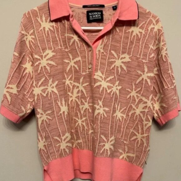 Scotch & Soda Pink and Cream Palm Tree Pattern Knit Polo XS - Picture 1 of 5